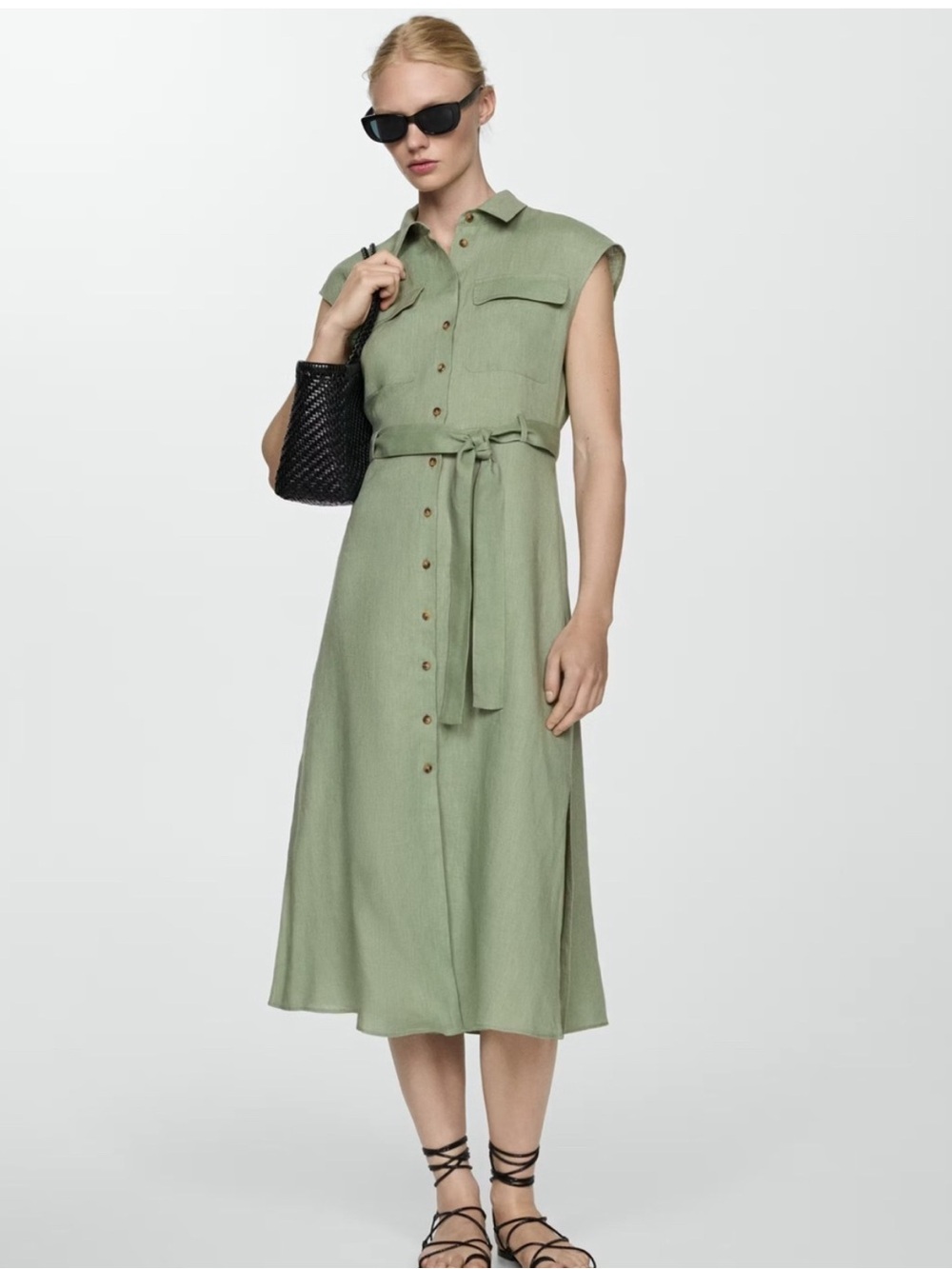 Mango Sleeveless Shirt Midi Dress in Sage Green